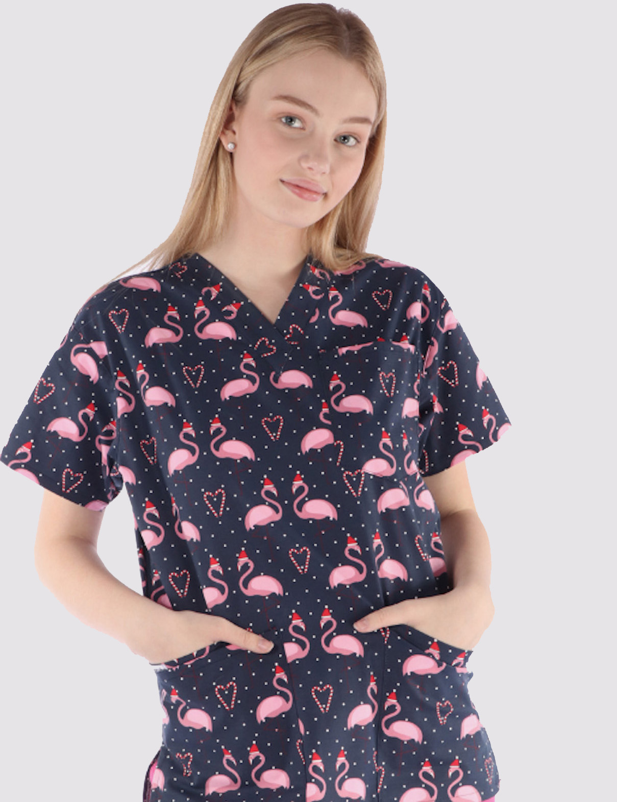 Women's Xmas Print - 4 Pocket Scrub Top - Flamingo Christmas