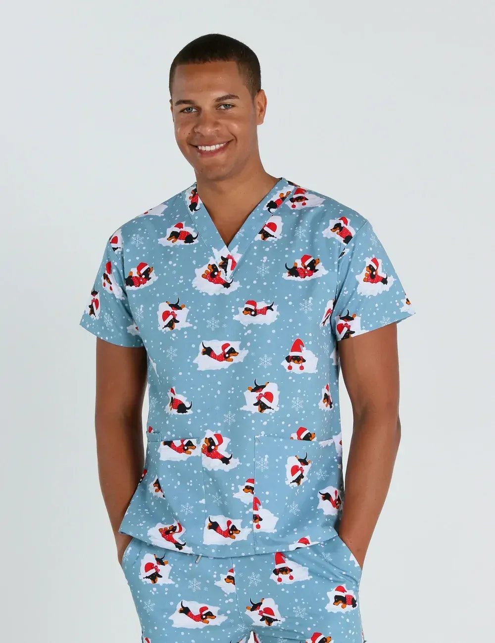 Dachshund Doggy Christmas Snuggles Men's Classic Scrub Top - XL