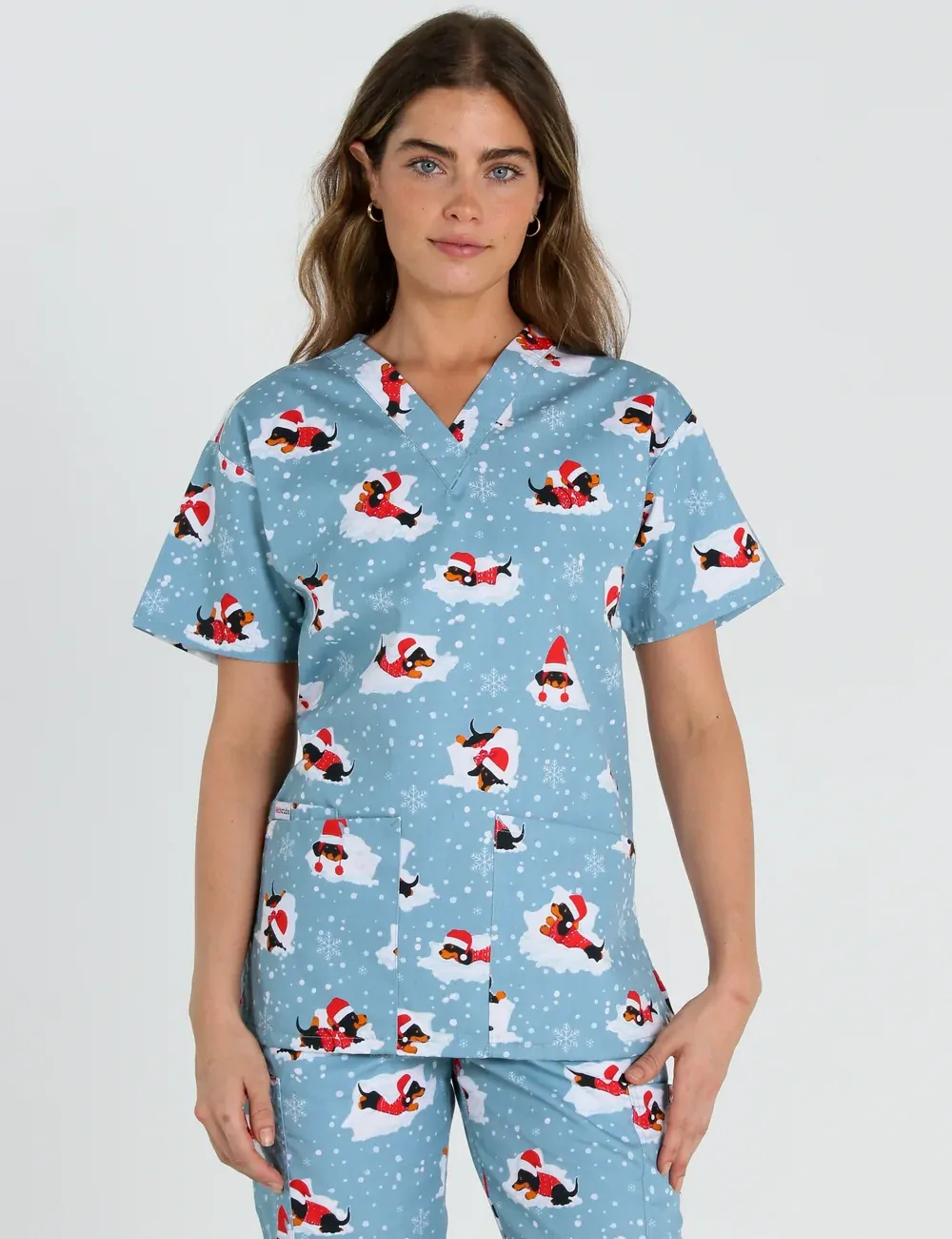 Dachshund Doggy Christmas Snuggles Women's Classic Scrub Top - XXS