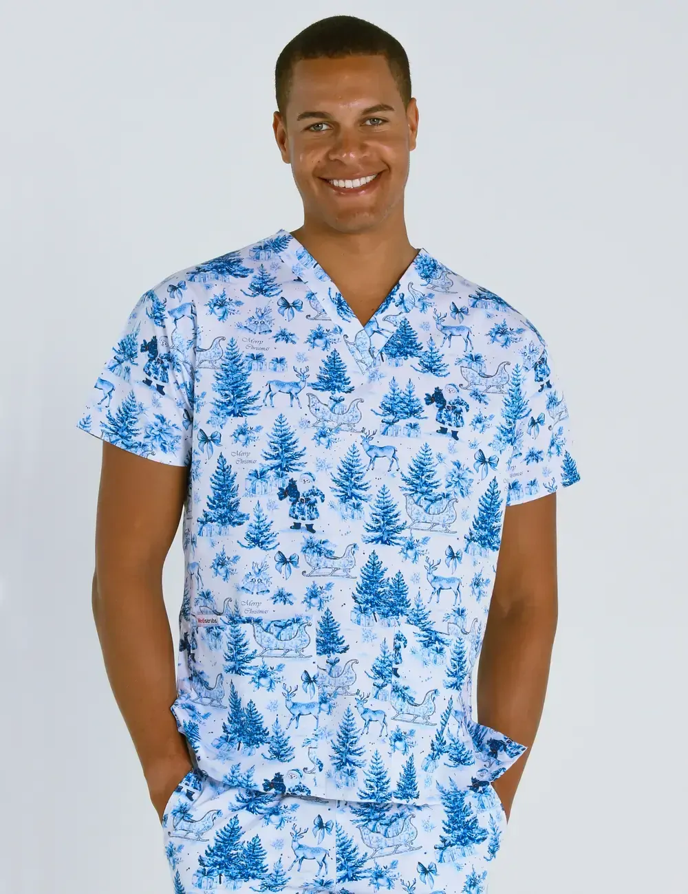 Noel Heritage Christmas Toile Men's Classic Scrub Top - XXS