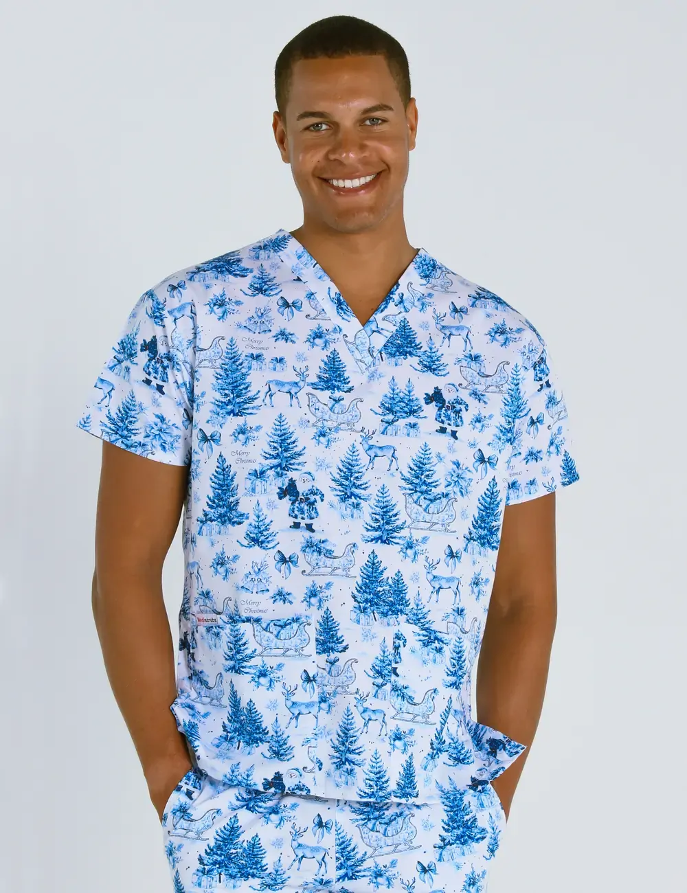 Noel Heritage Christmas Toile Men's Classic Scrub Top - XXS