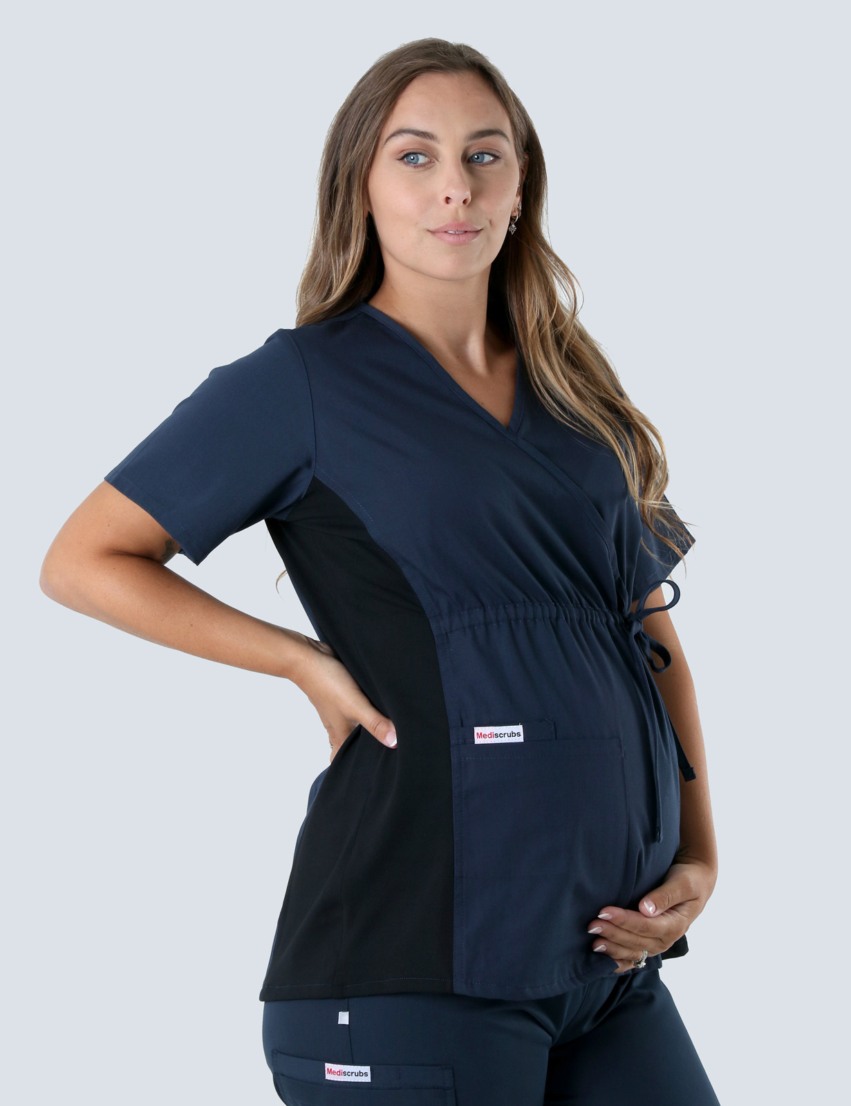 Maternity Scrub Top With Spandex Panel - Navy - Large