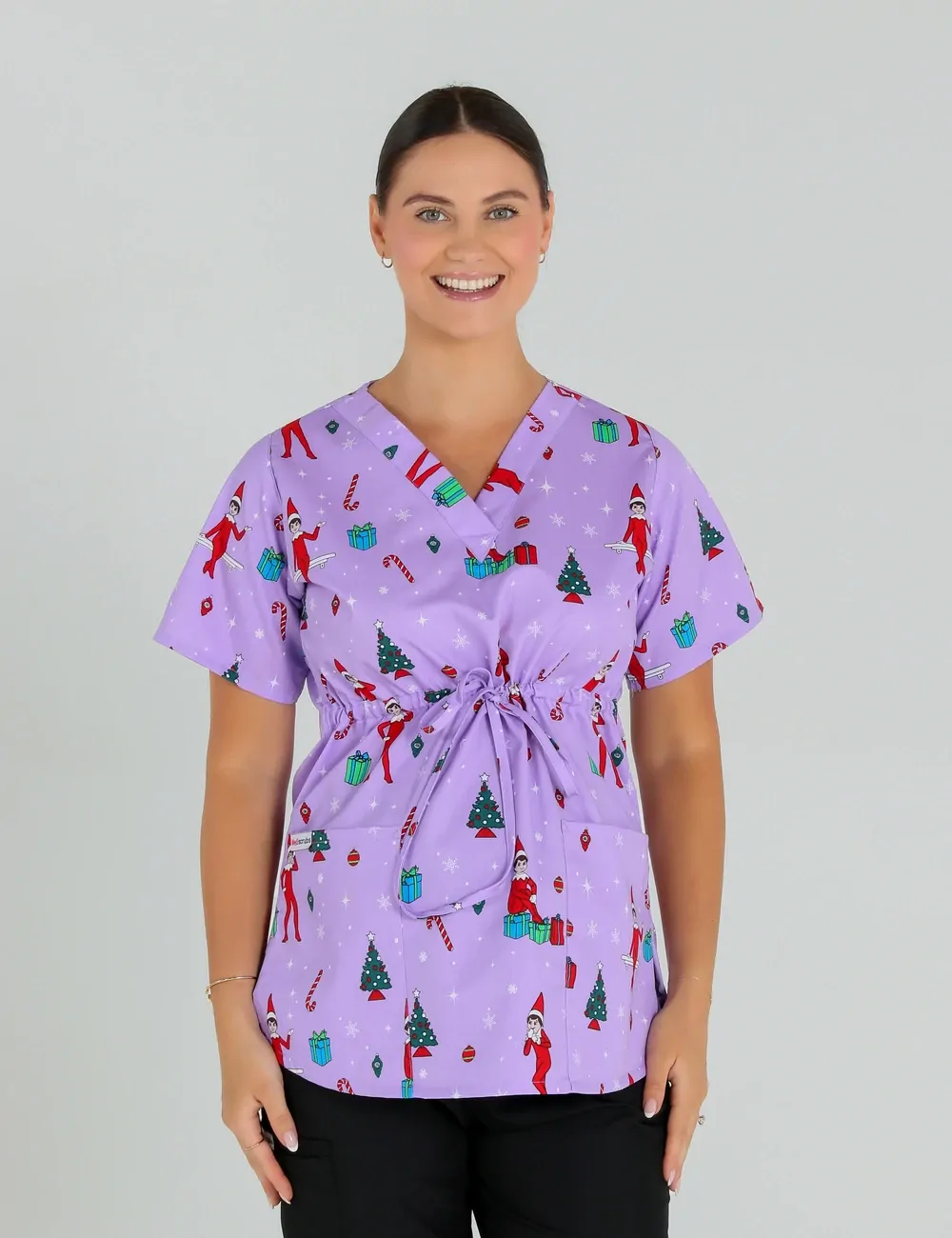 It's Christmastime Women's Maternity Scrub Top featuring The Elf on the Shelf® - XXS