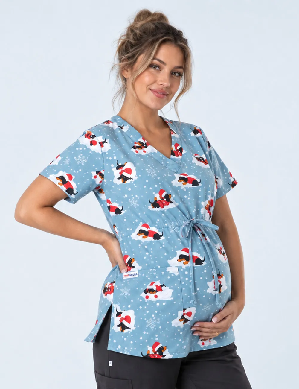 Dachshund Doggy Christmas Snuggles Women's Maternity Scrub Top - XXS