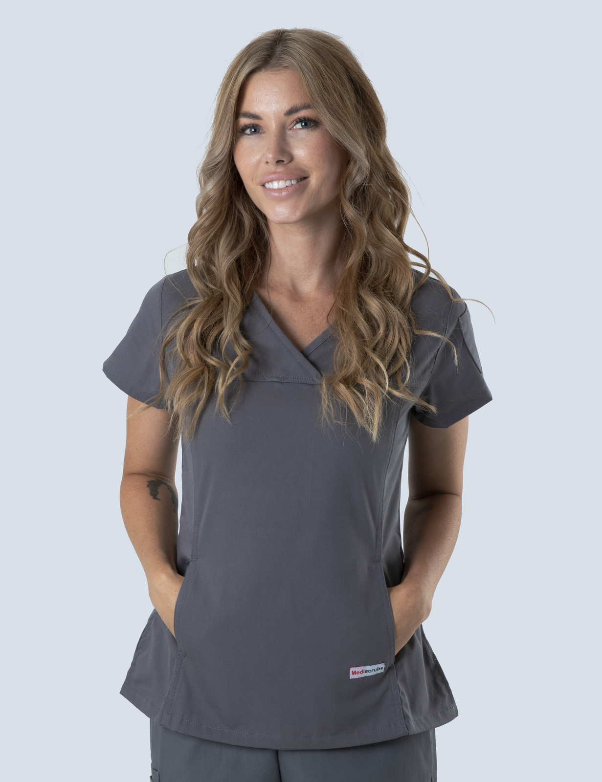 Queensland Children's Hospital Emergency Department Registrar Uniform Top Bundle  (Women's Fit Top in Steel Grey  incl Logos)