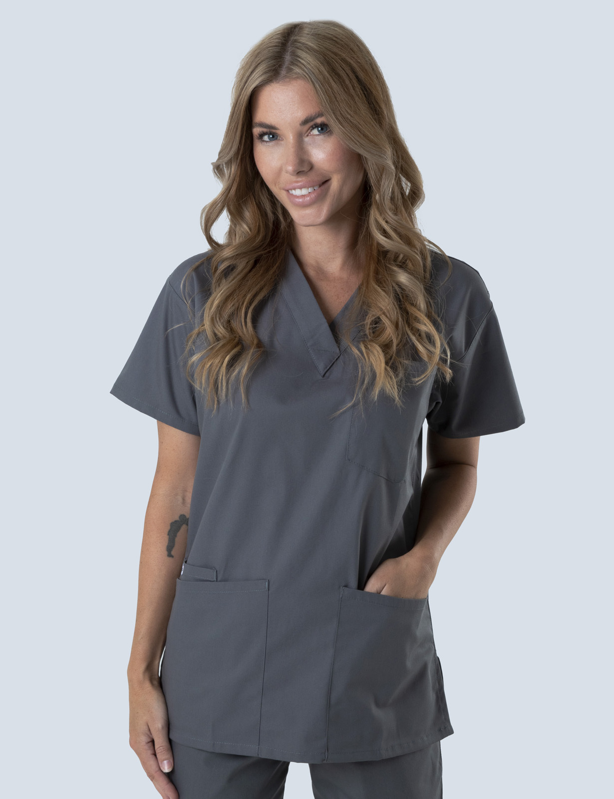 Queensland Children's Hospital Emergency Department Assistant in Nursing  Uniform Top Bundle  (4 Pocket Top in Steel grey incl Logos)