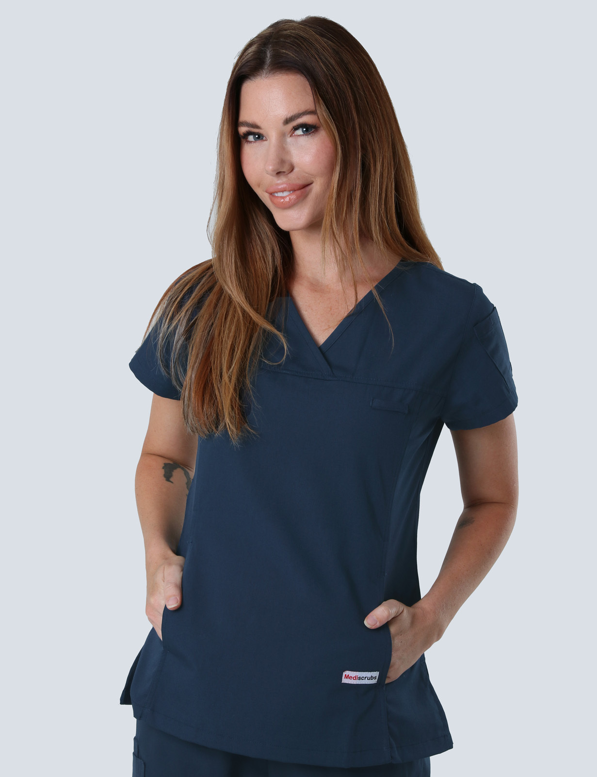 Royal Hobart Hospital Emergency Department Doctor Uniform Set Bundle (Women's Fit Solid Top and Cargo Pants in Navy incl Logo)