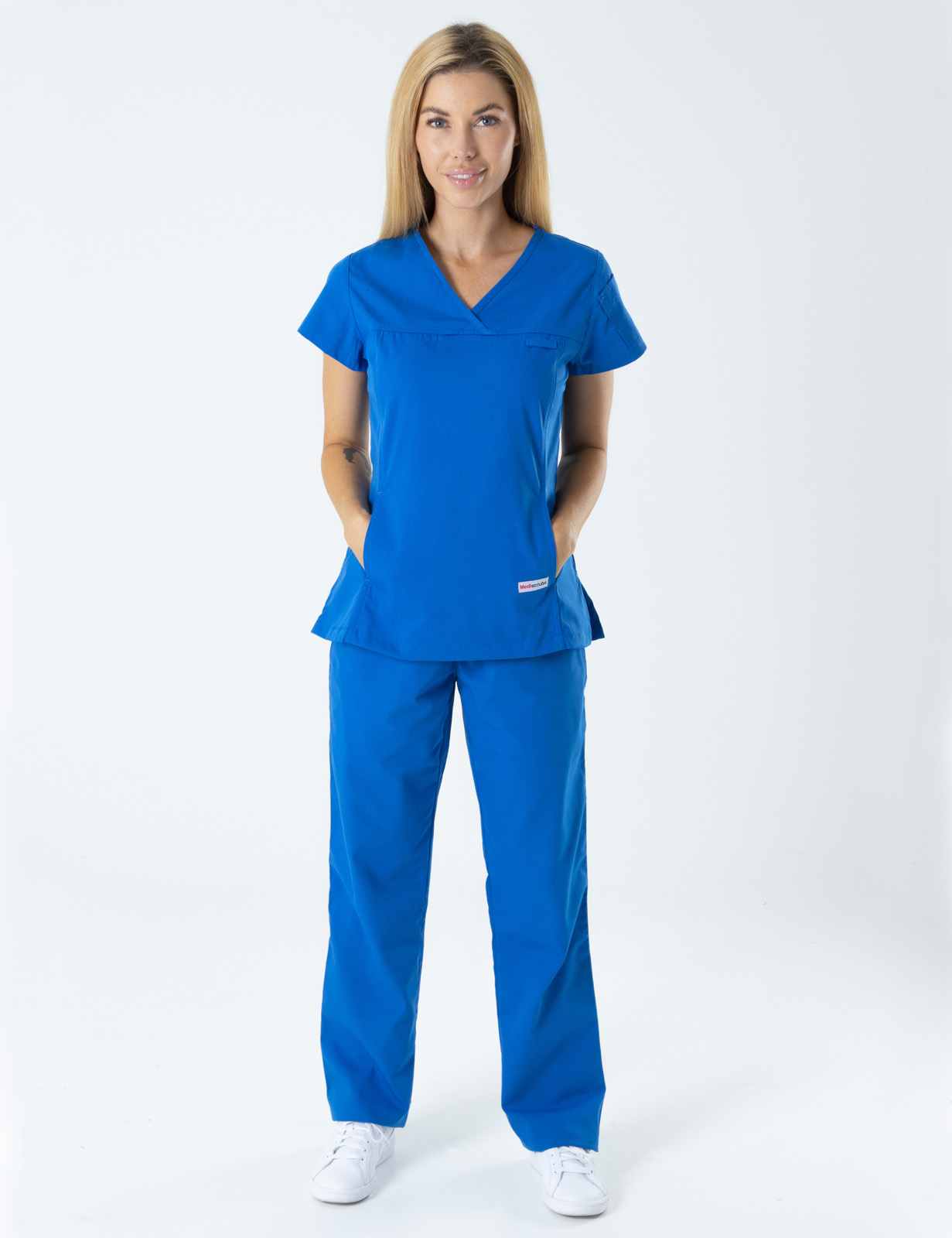Royal Hobart Hospital Emergency Department Doctor Uniform Set Bundle (Women's Fit Solid Top and Cargo Pants in Royal incl Logo)