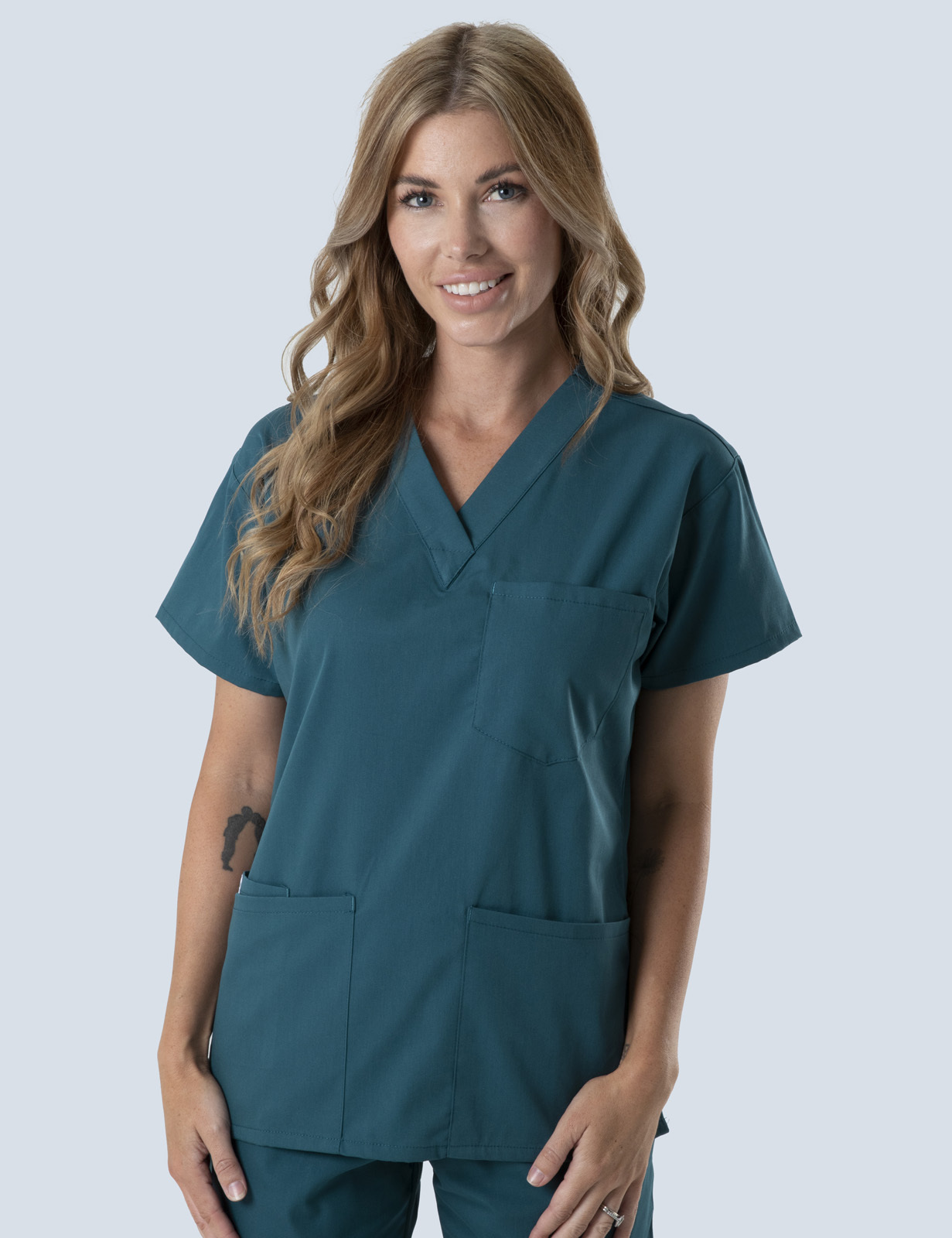 Ipswich Hospital Physiotherapist Uniform Top Only Bundle (4 Pocket Top in Caribbean incl Logos)