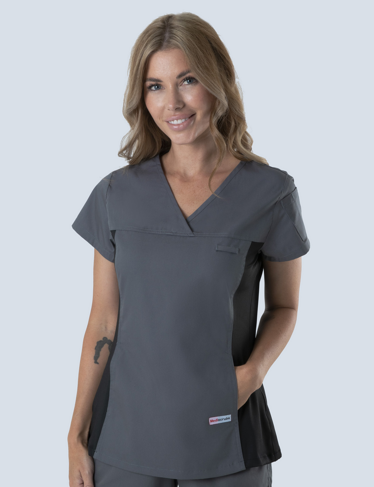 UQ Vets Gatton General Practitioner Uniform Top Only Bundle (Women's Fit Spandex Top in Steel Grey incl Logos)