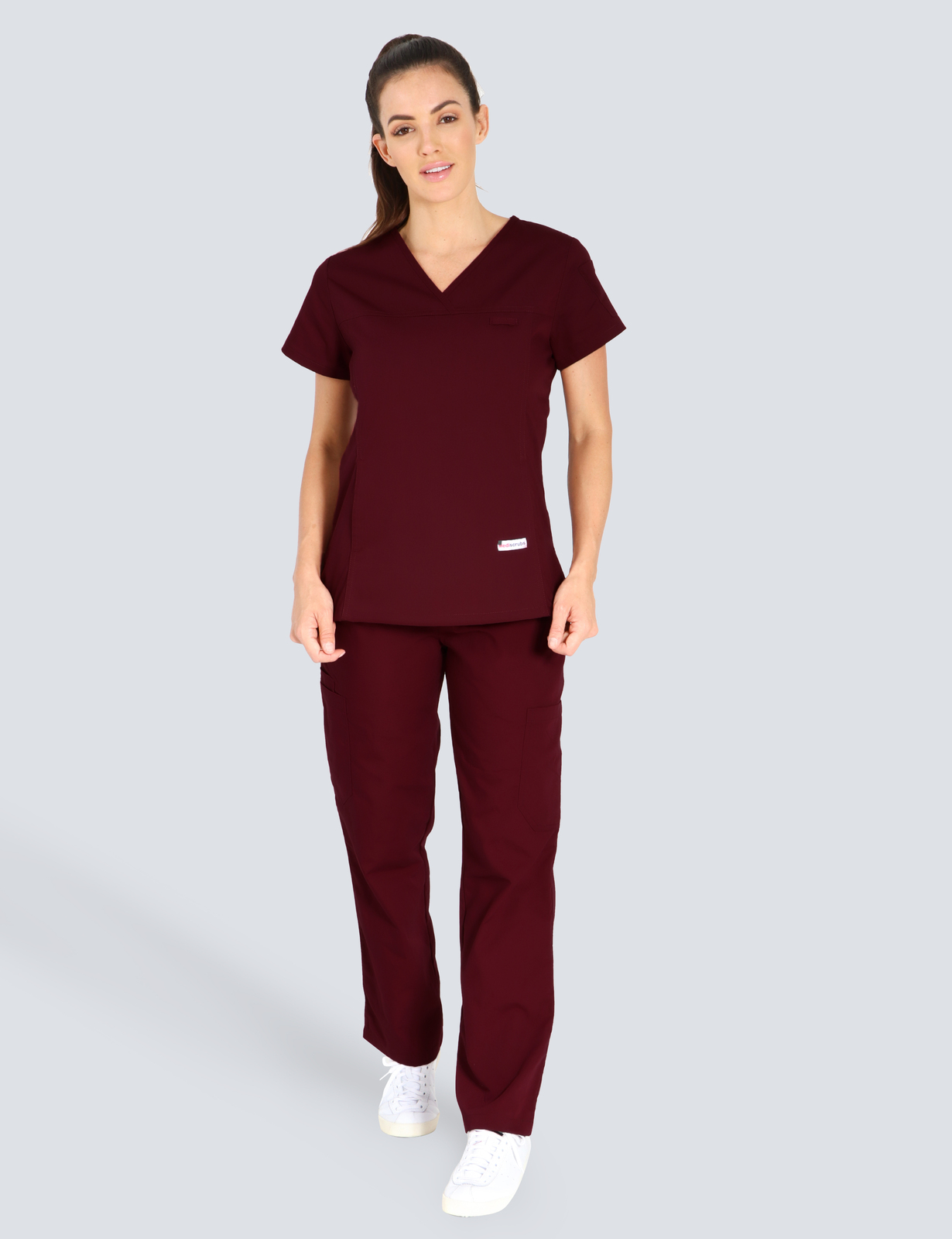 Moranbah Hospital Nursing Uniform Set Bundle (Women's Fit Solid Top and Cargo Pants in Burgundy incl Logo)