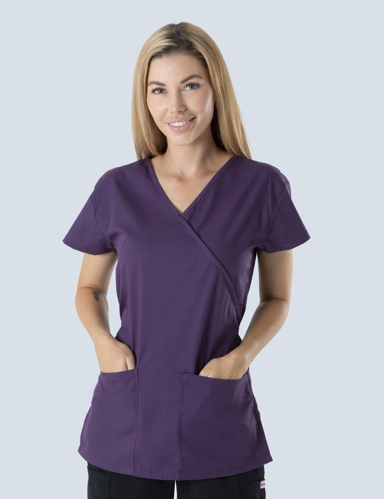 Mayfield Aged Care Team Leader Uniform Top Only Bundle ( Mock Wrap Top in Aubergine incl Logos)