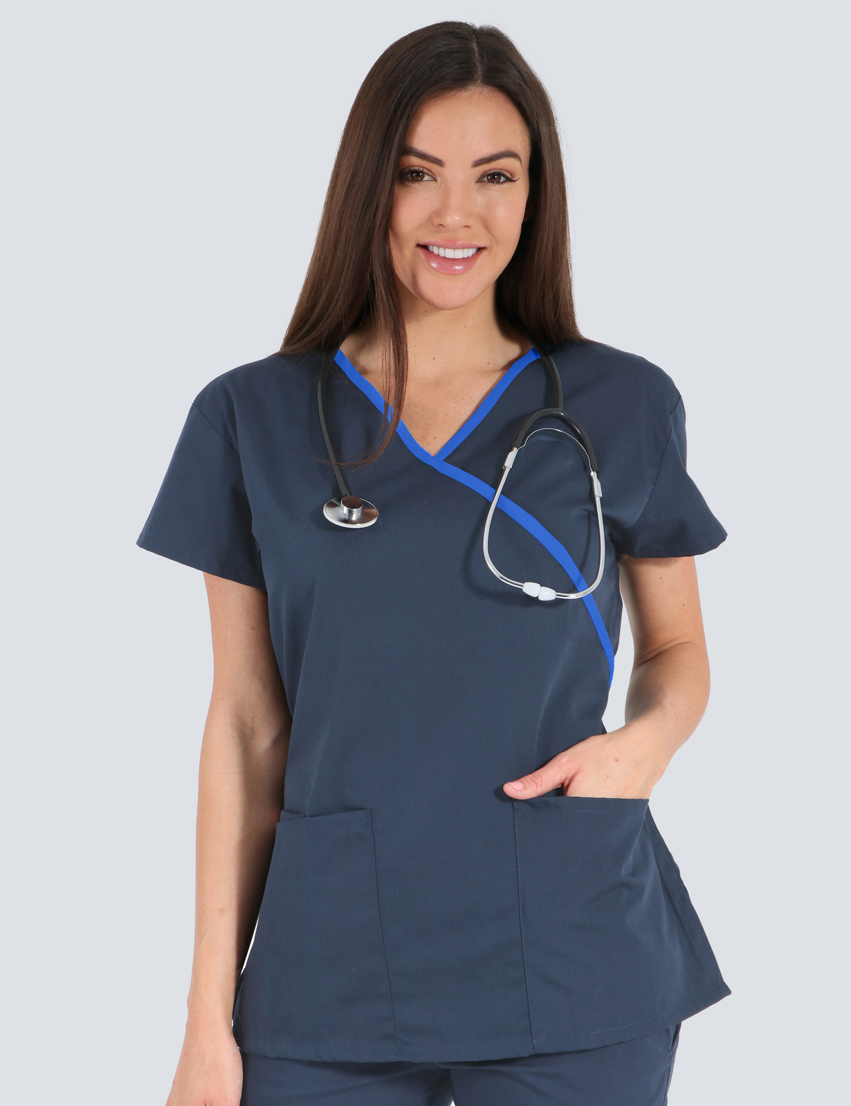 Southern Animal Health Uniform Top Only Bundle (Mockwrap top in Navy with Royal Trim incl Logos)