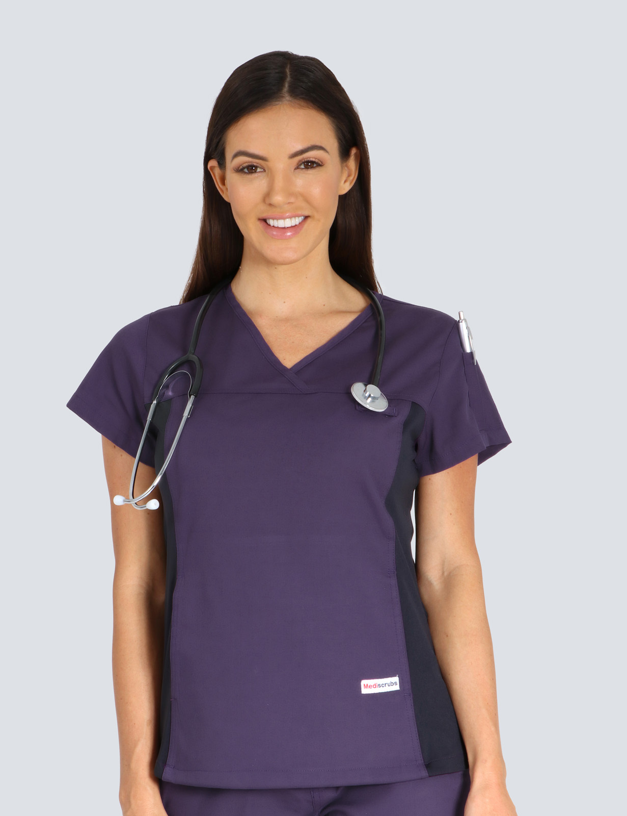 Ipswich Hospital Pharmacy Uniform Top Only Bundle (Women's Fit Spandex in Aubergine + 3 Logos)