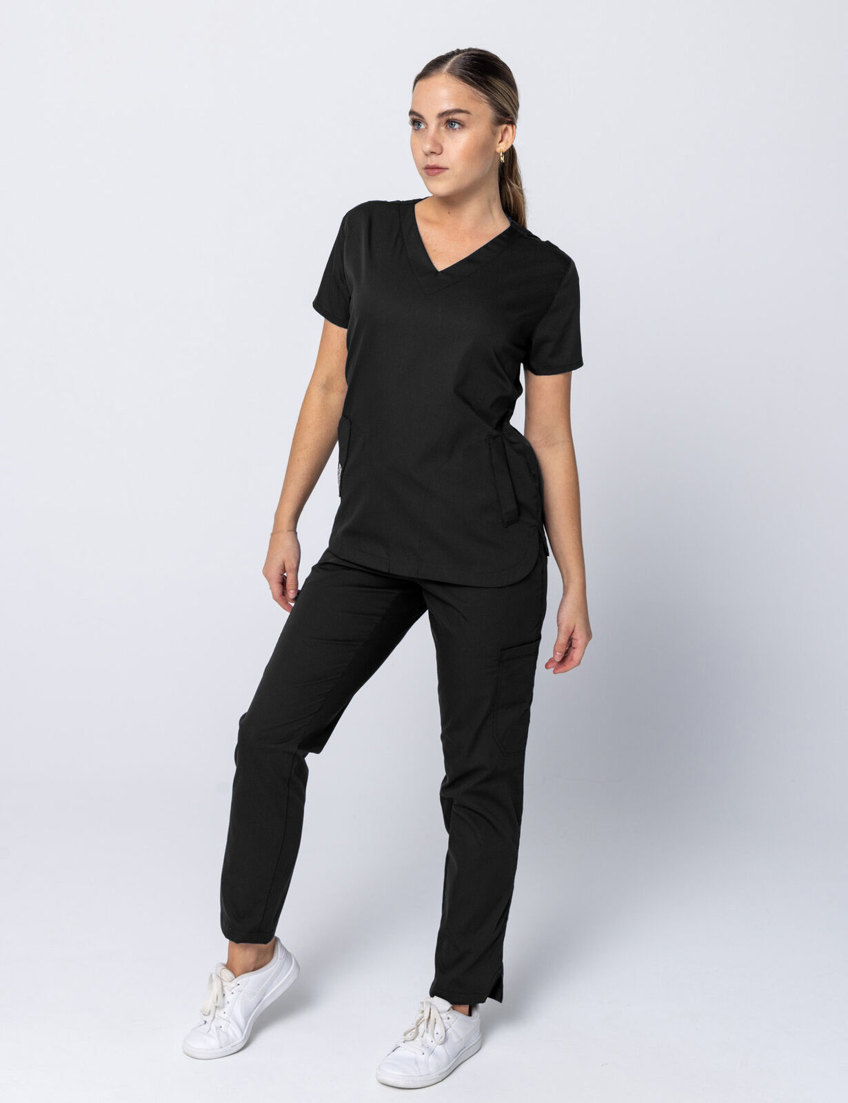 Rockhampton Hospital Clinical Measurements Women's Uniform Set Bundle (Women's Luxe Top & Slim Fit Pants in Black incl Logos)