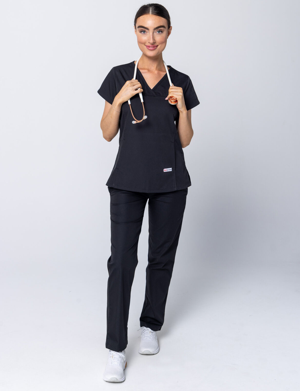 Rockhampton Hospital Clinical Measurements Women's Uniform Set Bundle (Women's Fit Spandex Top & Cargo Pants in Black incl Logos)