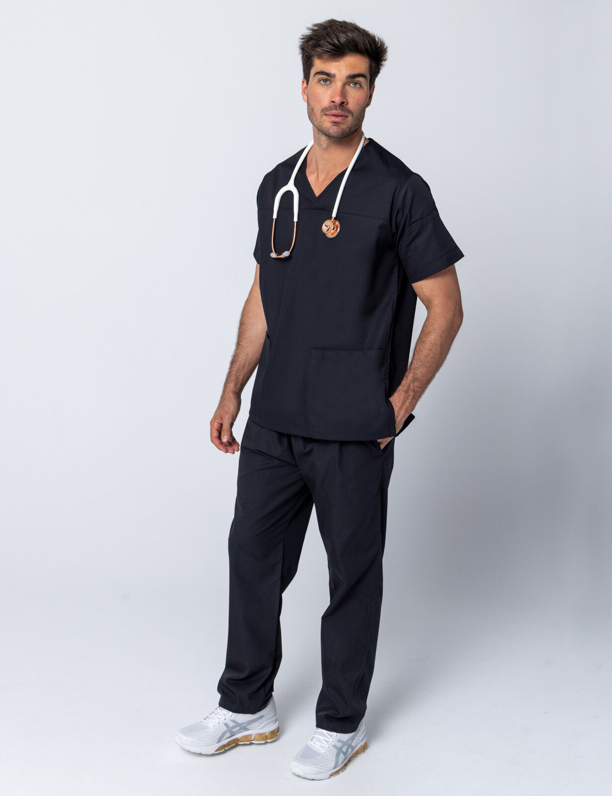 Rockhampton Hospital Clinical Measurements Men's Uniform Set Bundle (Men's Fit Solid Top & Cargo Pants in Black incl Logos)