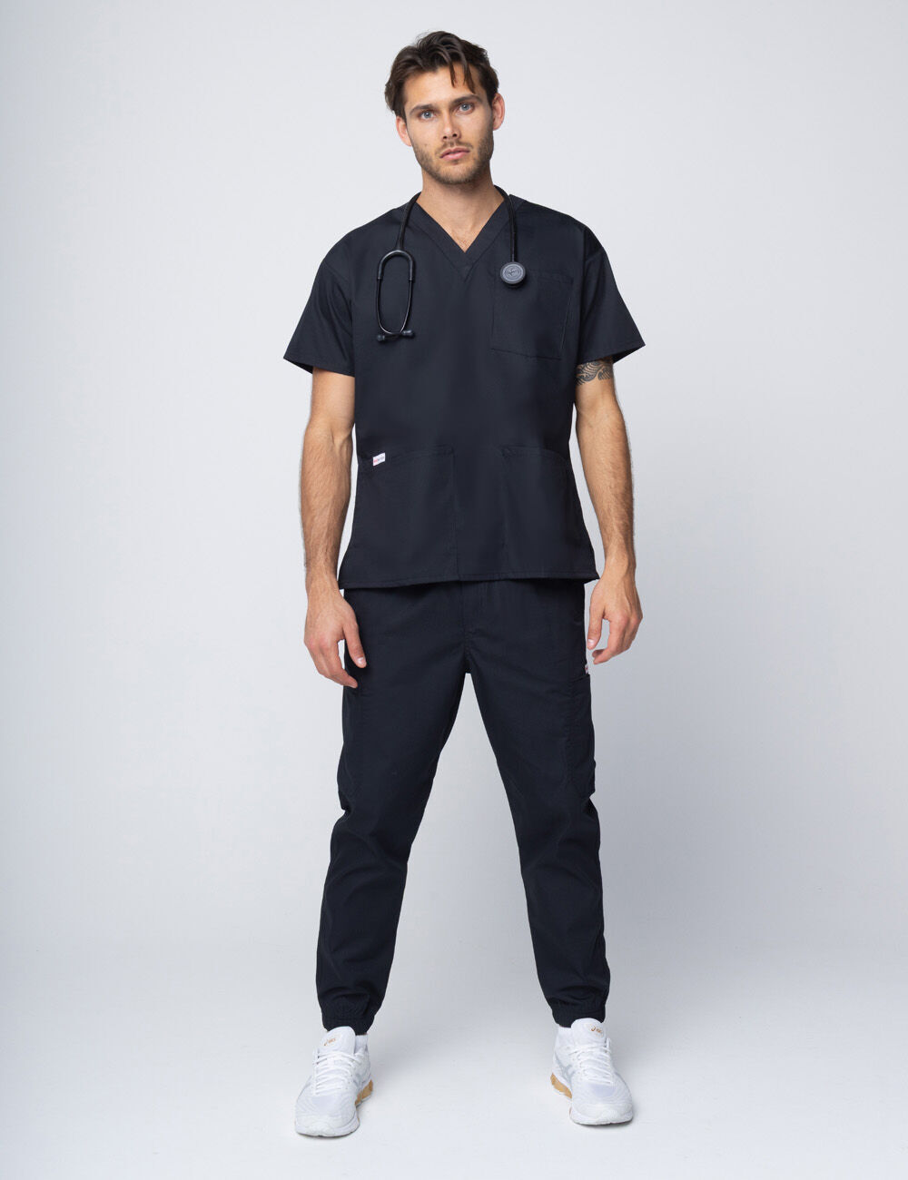 Rockhampton Hospital Clinical Measurements Men's Uniform Set Bundle (4 Pocket Top & Jogger Pants in Black incl Logos)