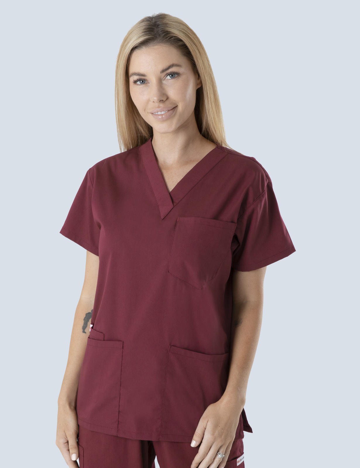 University Of Wollongong Uniform Top Only Bundle (Women's Fit Solid Top in Burgundy + Logos)