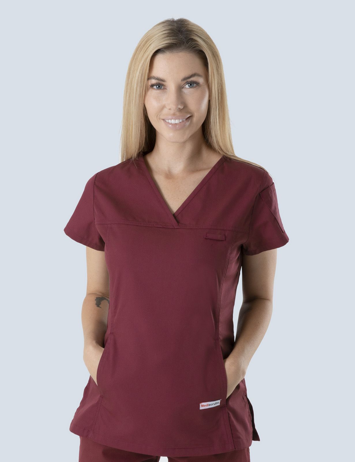 University Of Wollongong Uniform Top Only Bundle (Women's Fit Solid Top in Burgundy + Logos)