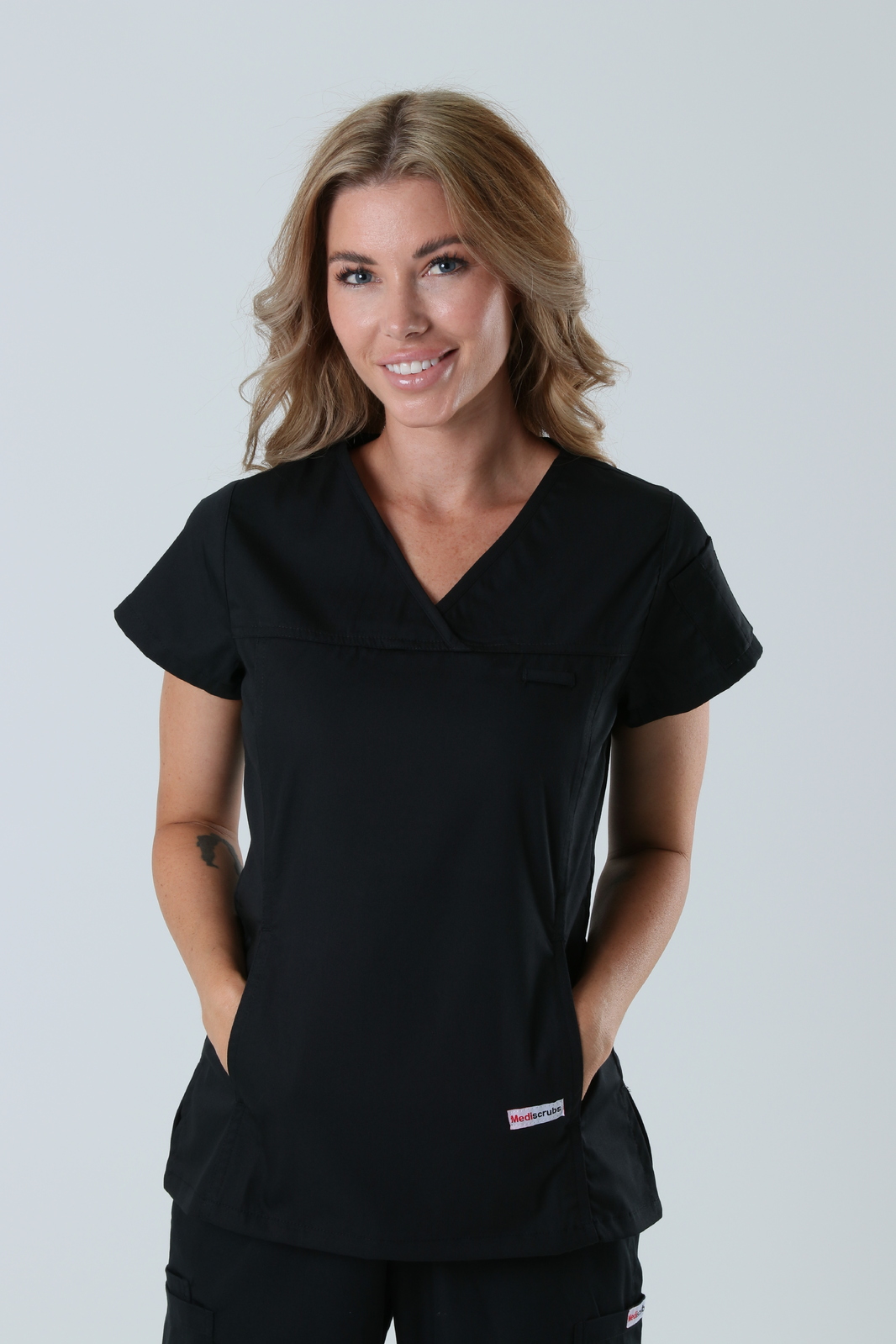 Canberra Hospital Medical Imaging Doctor Uniform Top Only Bundle (Women's Fit Solid  Top in Black + Logos)