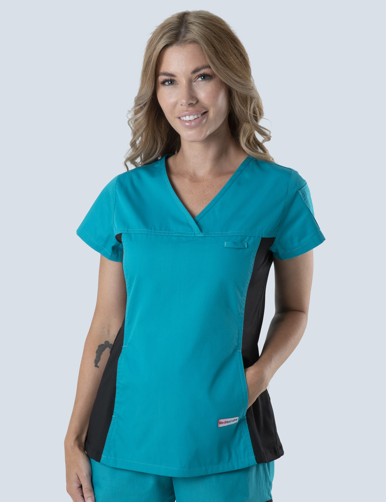 Pathology North (Women's Fit Spandex Scrub Top in Teal and Cargo Pants in Black incl Logos)