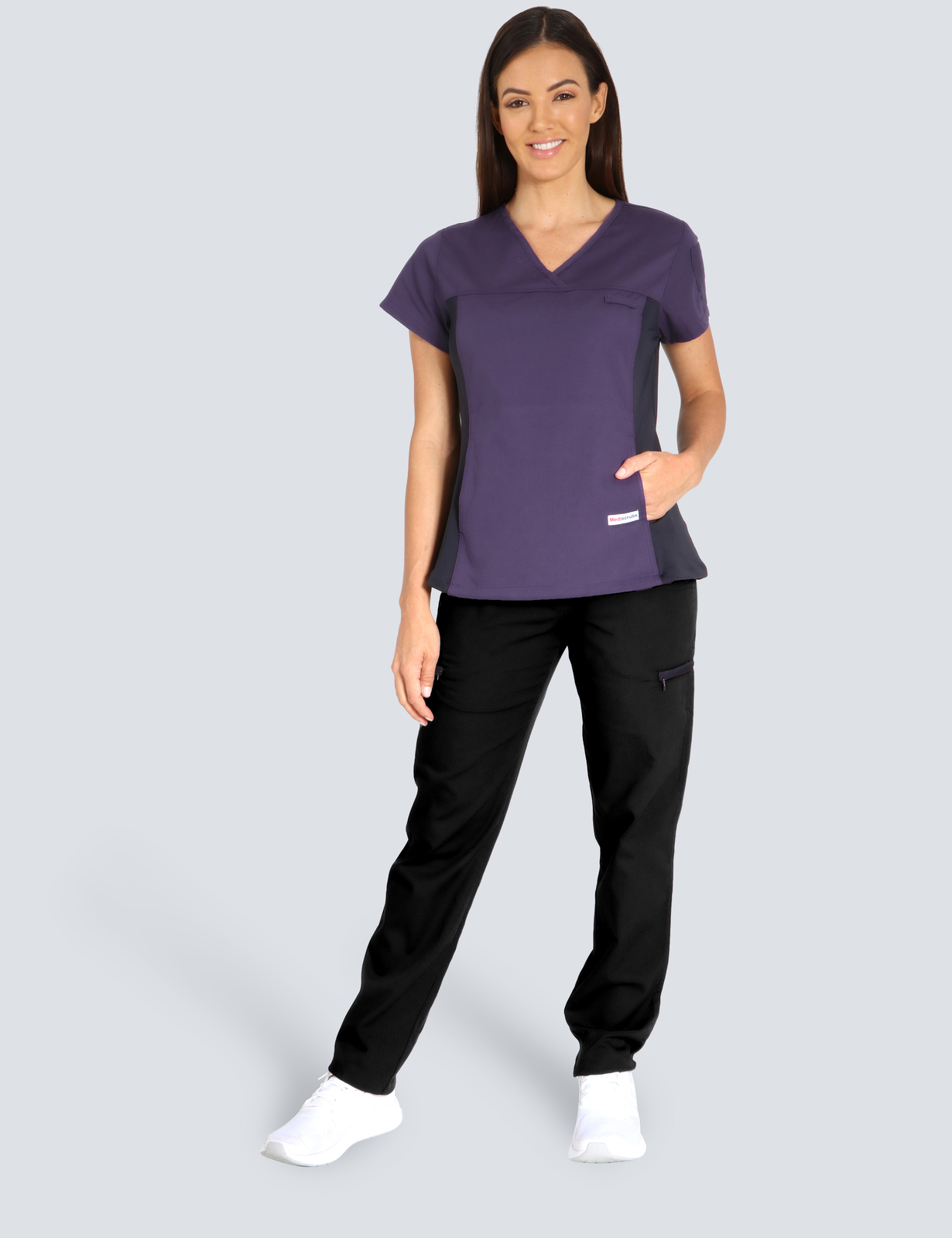 Pathology North (Women's Fit Spandex Scrub Top in Aubergine and Cargo Pants in Black incl Logos)