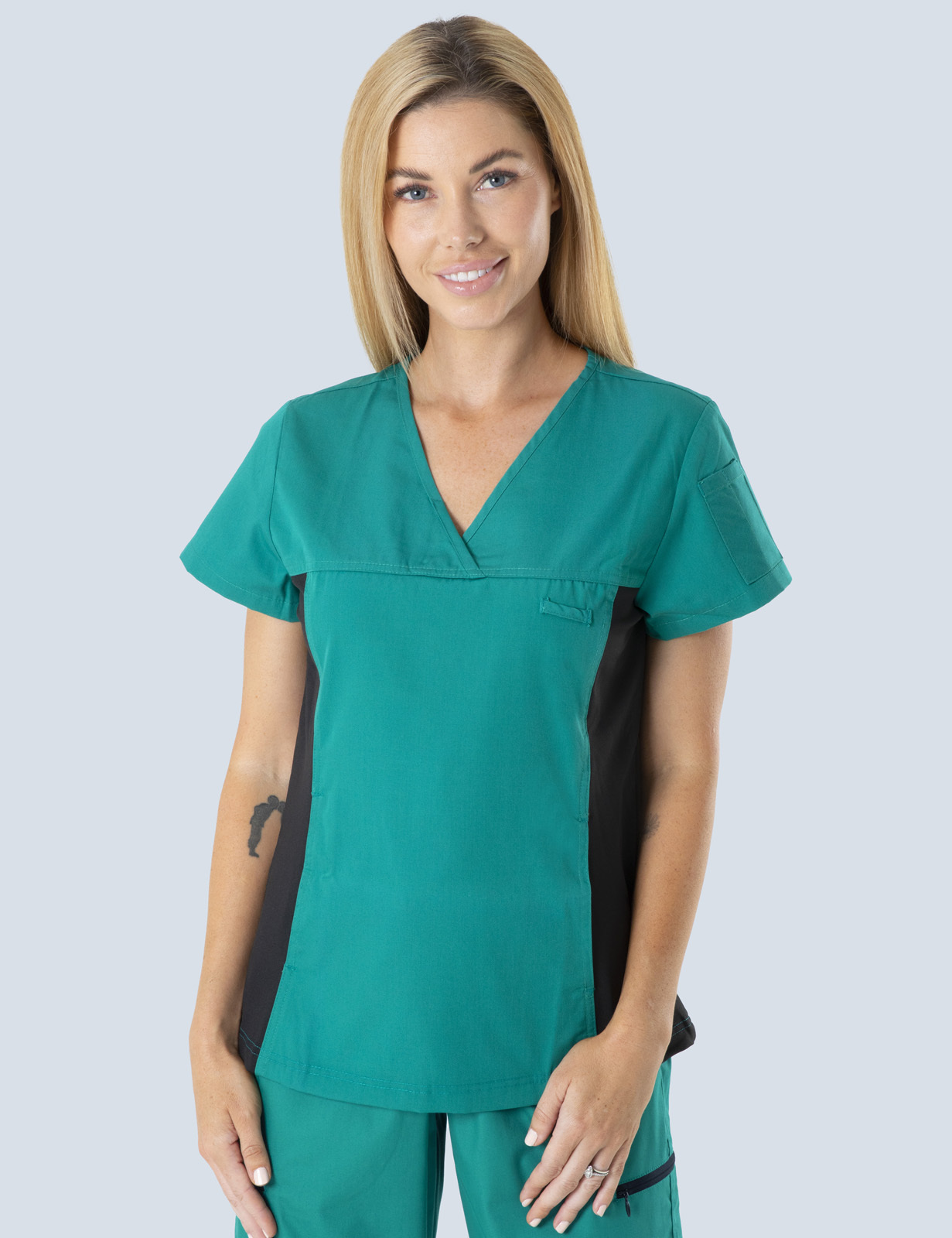 Pathology North (Women's Fit Spandex Scrub Top in Hunter and Cargo Pants in Black incl Logos)
