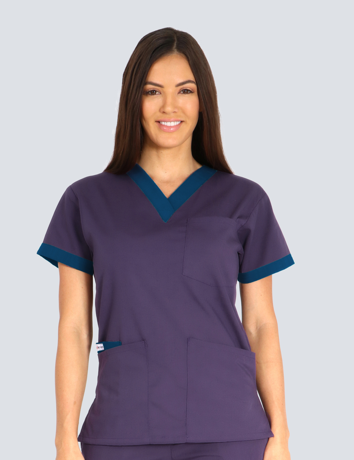 NWRH - Oncology RN (Contrast V-neck Trim Scrub Top in Aubergine with Navy Trim incl Logos)