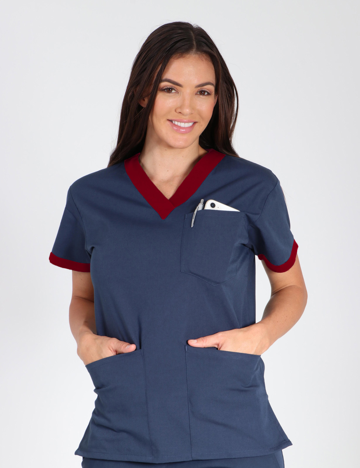 St. John Of God - HDHS (Contrast V-neck Scrub Top in Black with Wine Trim in and Cargo Pants incl Logos)