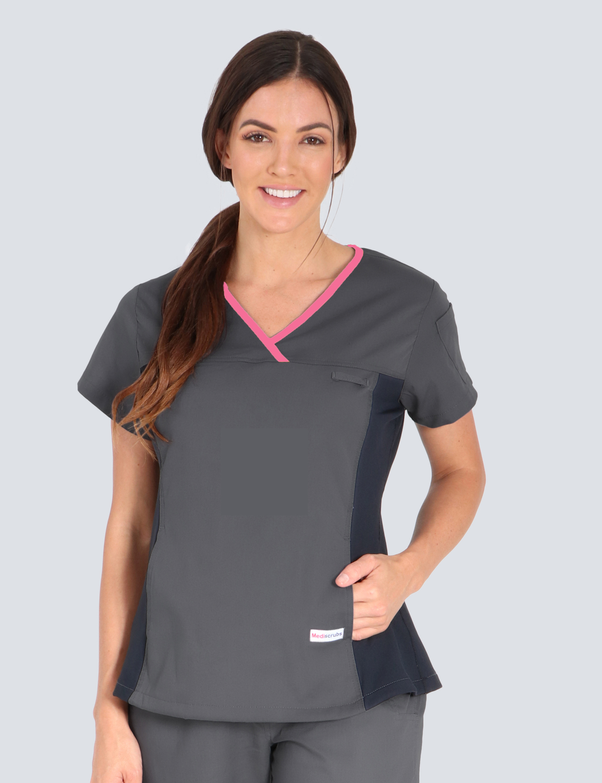 Ipswich Hospital - SCN (Women's Fit Spandex Scrub Top in Grey with Pink Trim incl Logos)