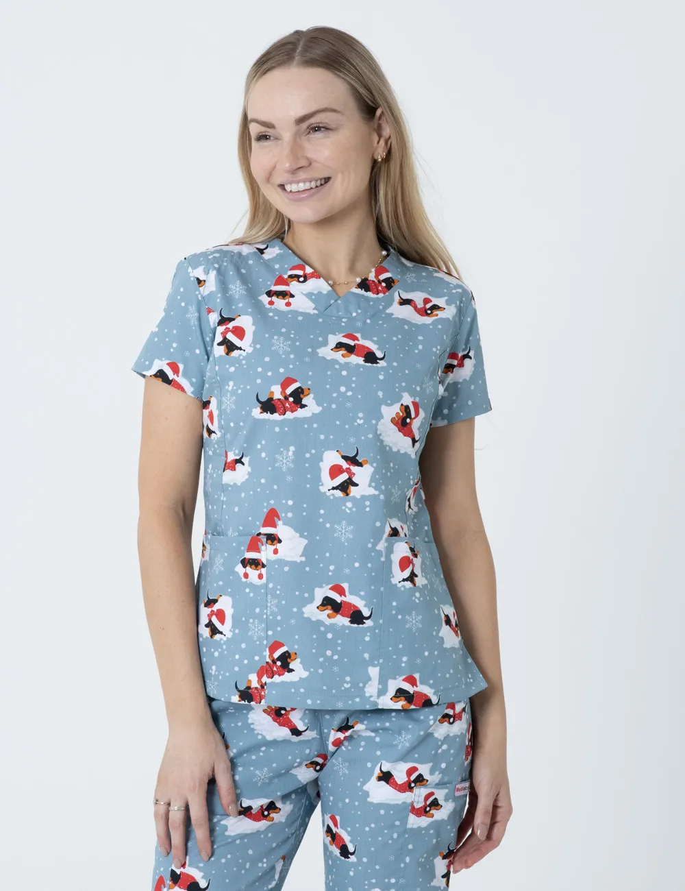 Dachshund Doggy Christmas Snuggles Women's Slim Fit Scrub Top