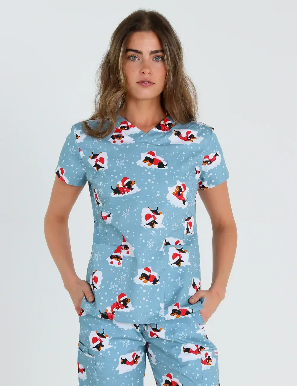 Dachshund Doggy Christmas Snuggles Women's Slim Fit Scrub Top - XXS