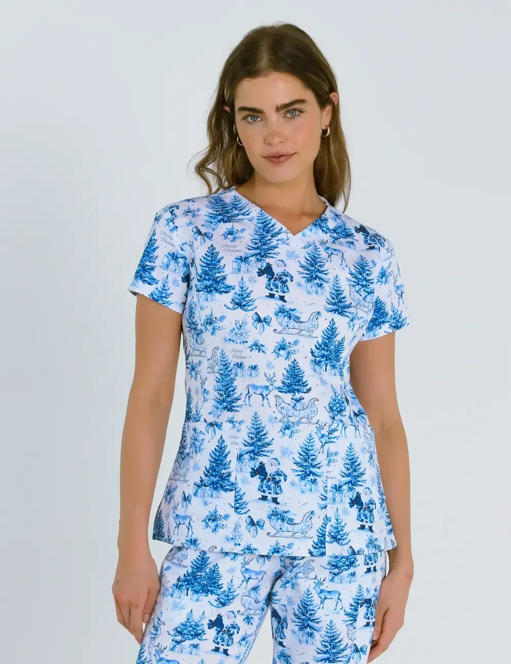 Noel Heritage Christmas Toile Women's Slim Fit Scrub Top - XXS
