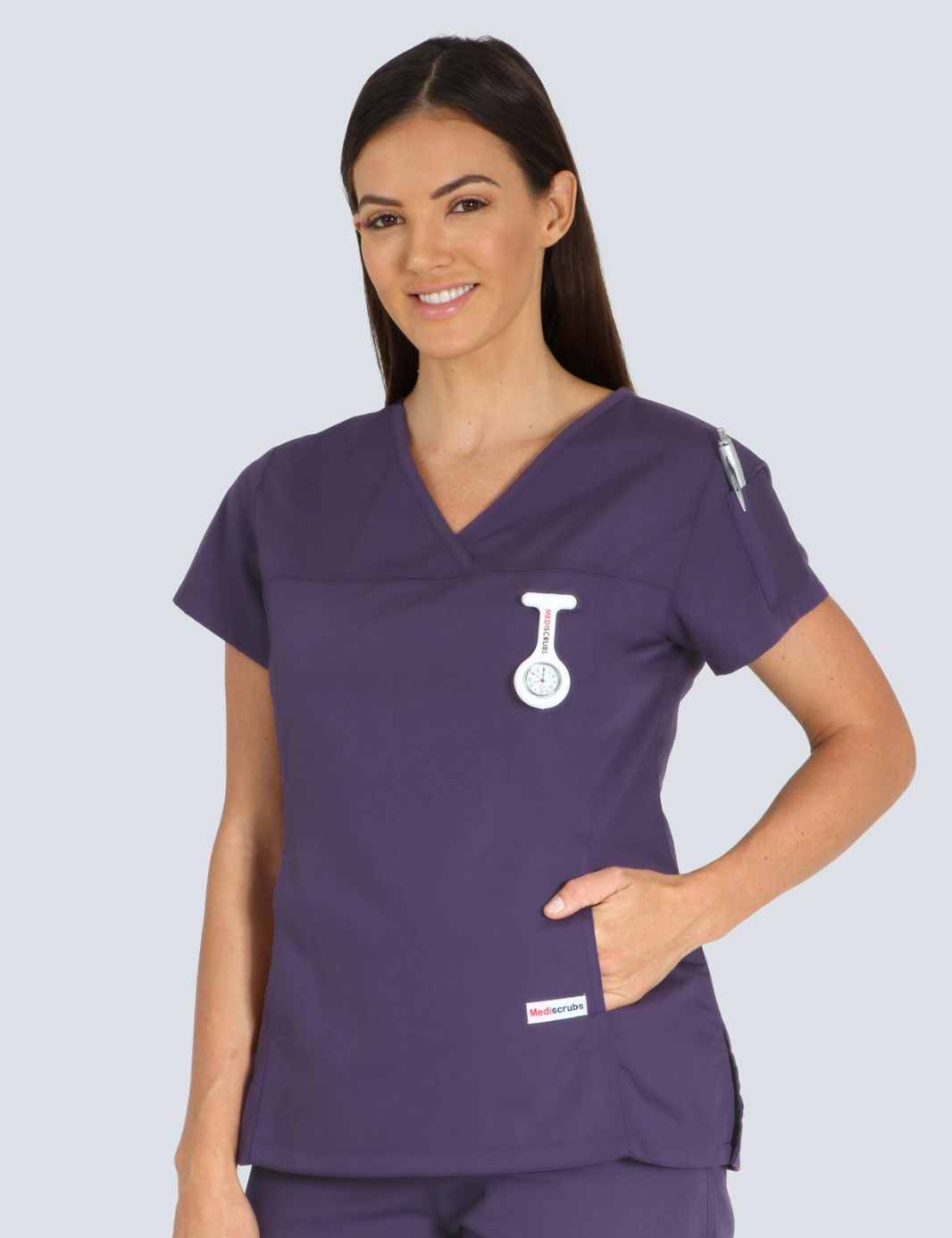 Wollongong Pharmacy (Women's Fit Solid Scrub Top in Aubergine incl Logos)