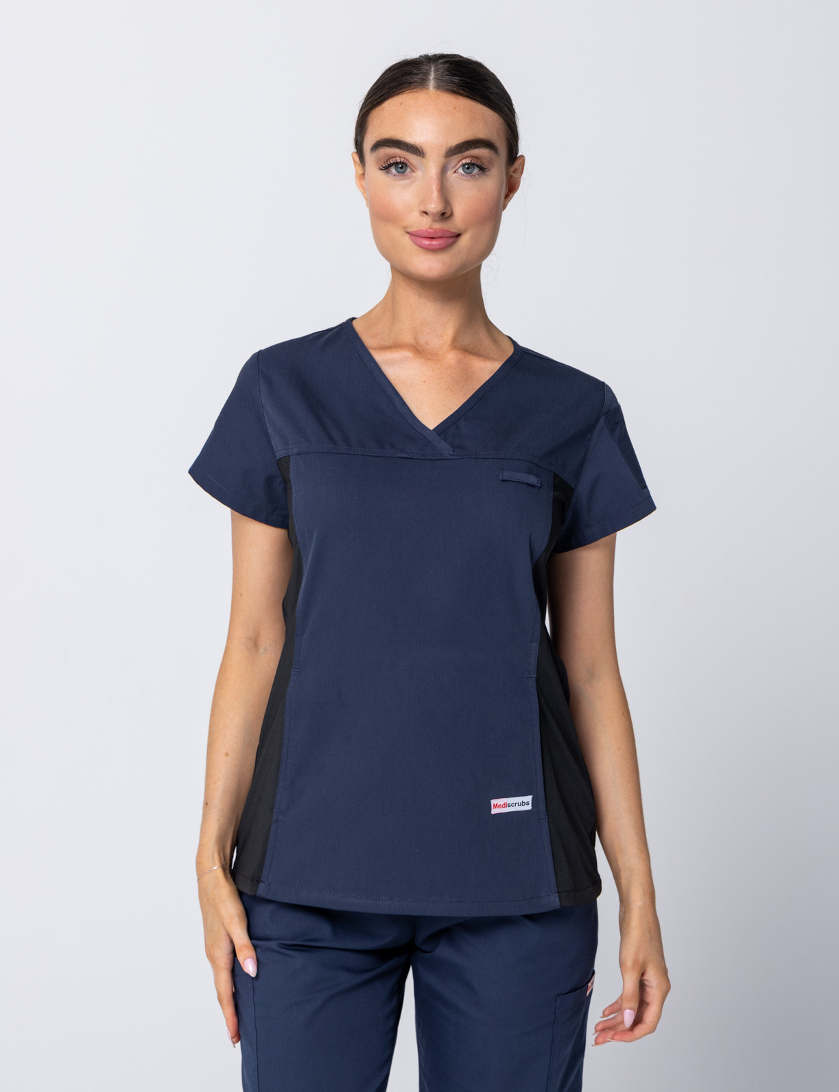 Women's Fit Solid Scrub Top With Spandex Panel - Navy - 2X Large