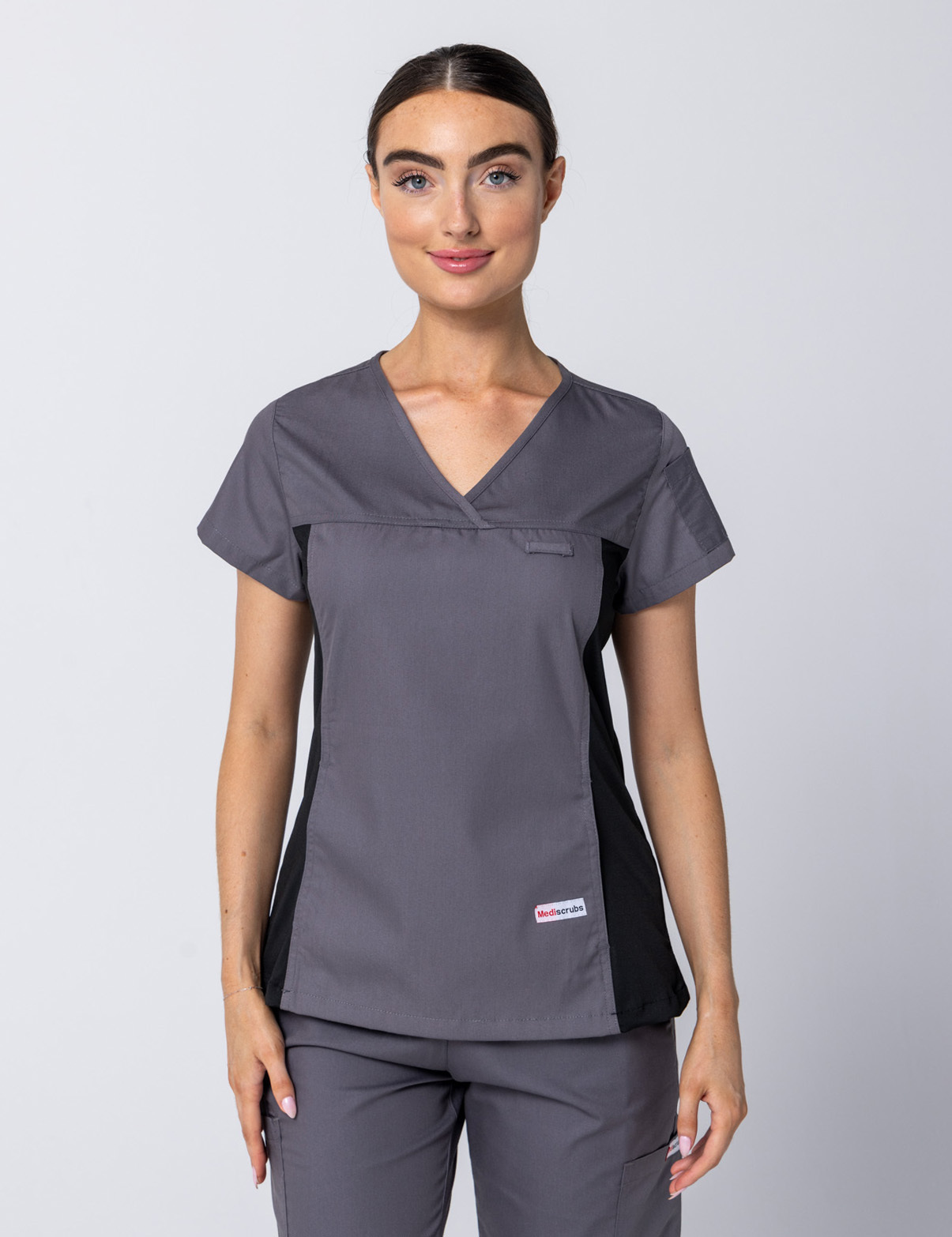 Women's Fit Scrub Top With Spandex Panel - Steel Grey - Large