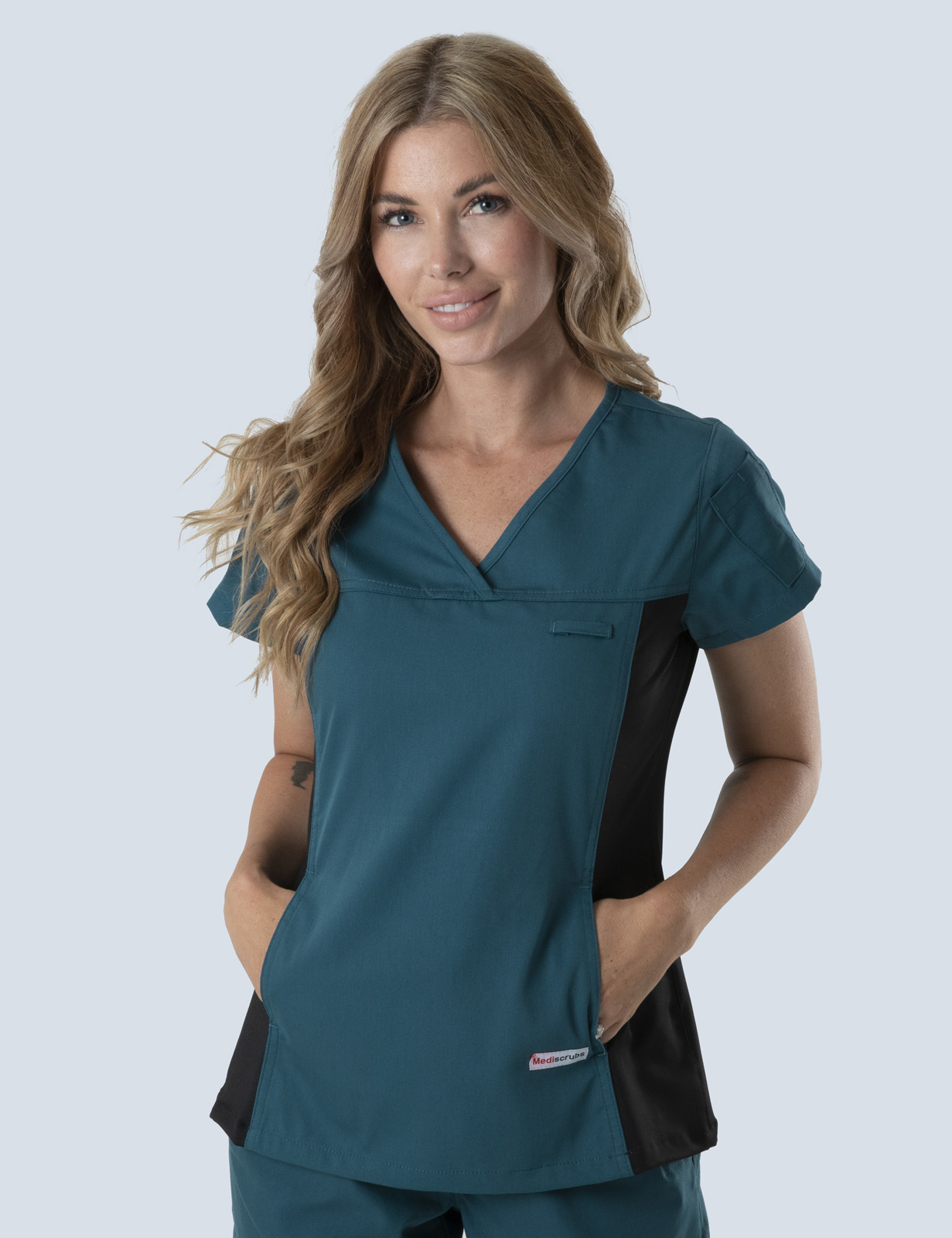 Women's Fit Solid Scrub Top With Spandex Panel - Caribbean - XX Small