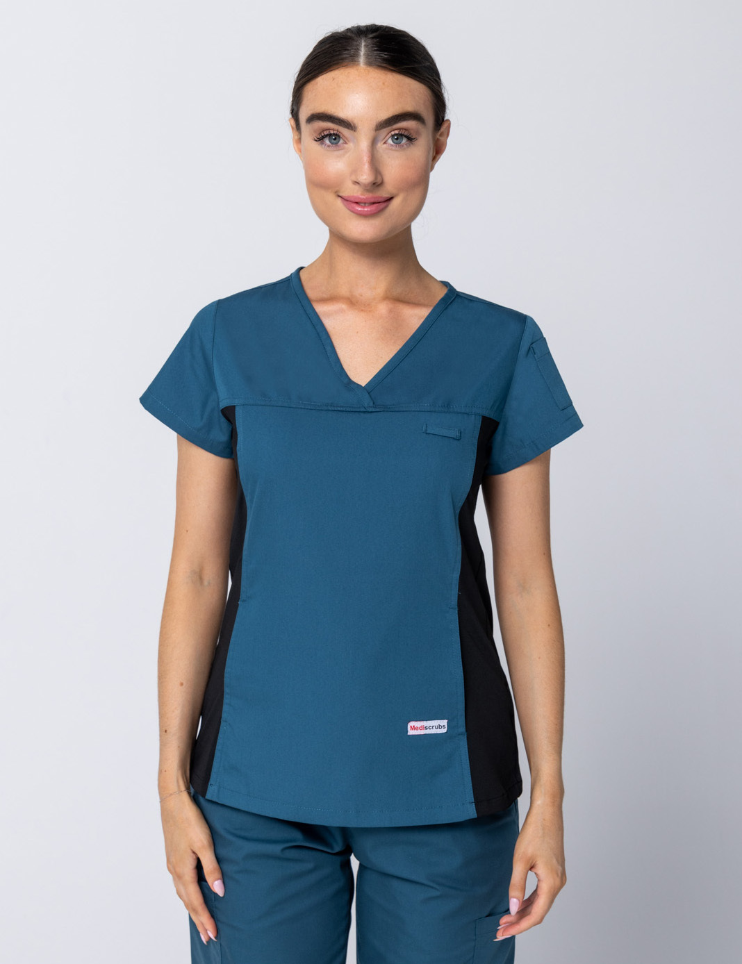 Women's Fit Scrub Top With Spandex Panel - Caribbean - Small