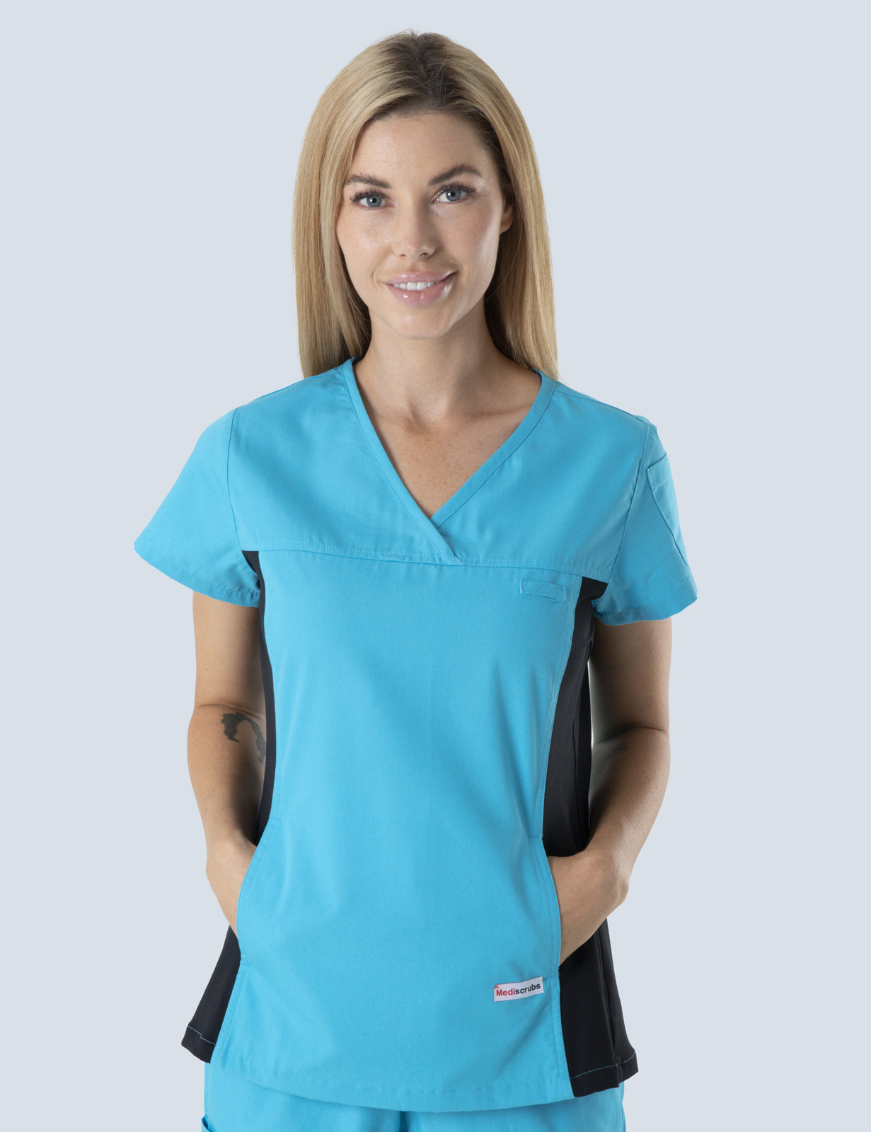 Women's Fit Solid Scrub Top With Spandex Panel - Aqua - Small