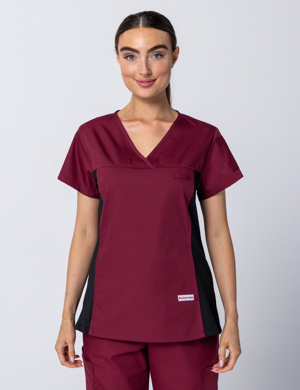 Women's Fit Scrub Top With Spandex Panel - Burgundy - XX Small