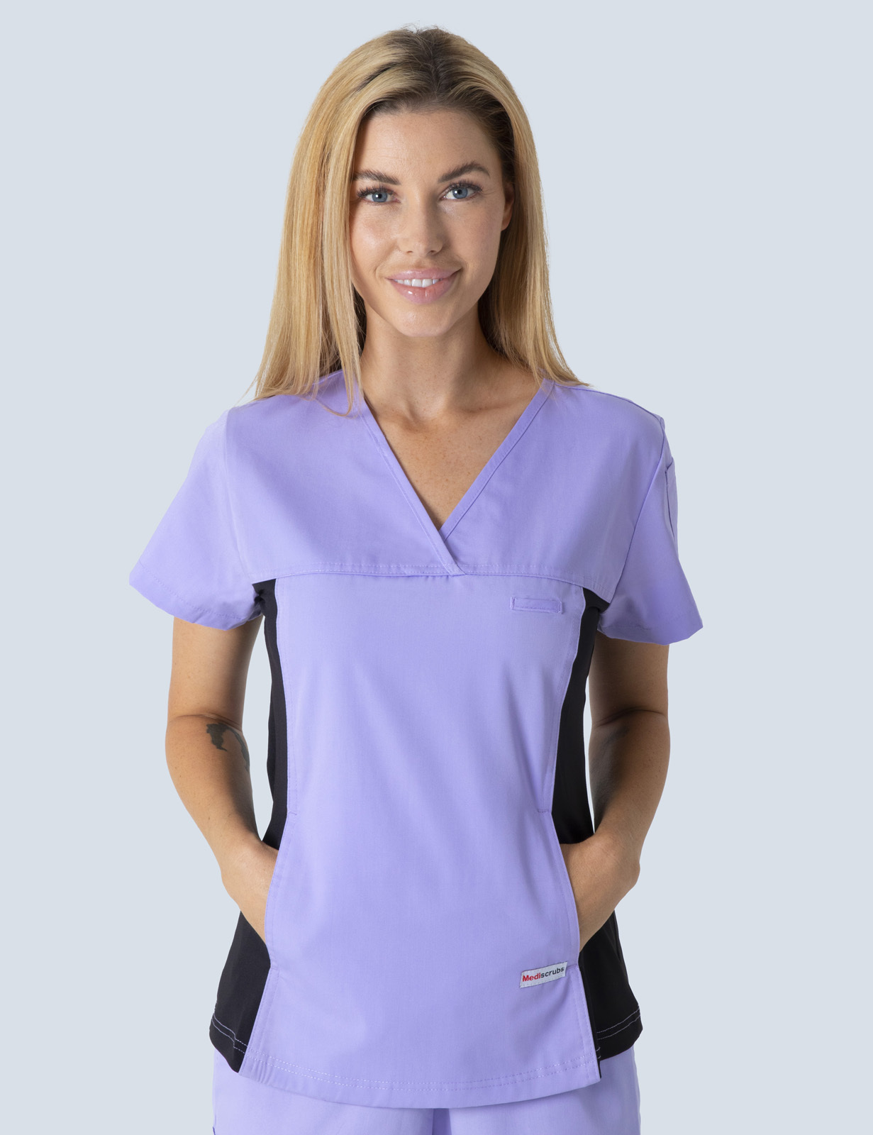 Women's Fit Solid Scrub Top With Spandex Panel - Lilac - Large