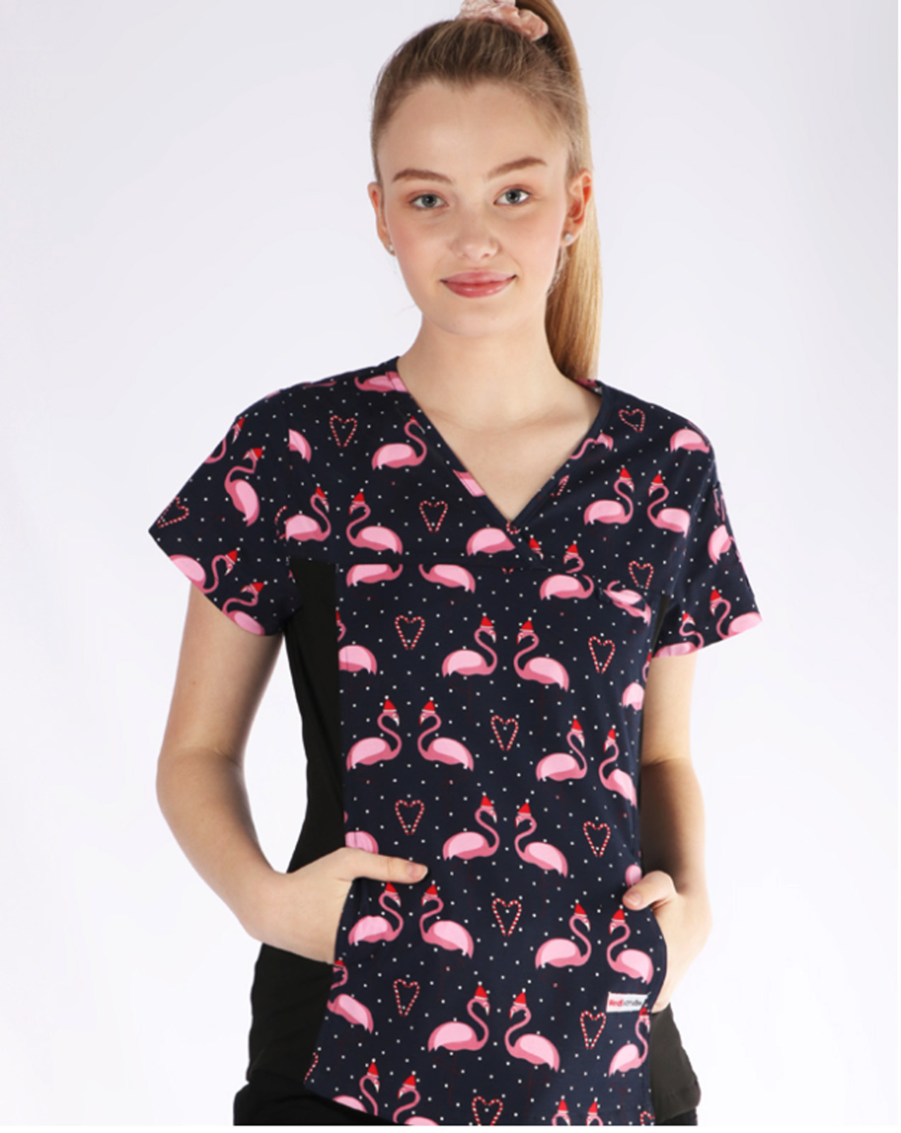 Women's Fit Solid Print Scrub Top With Spandex Panel - Flamingo Christmas