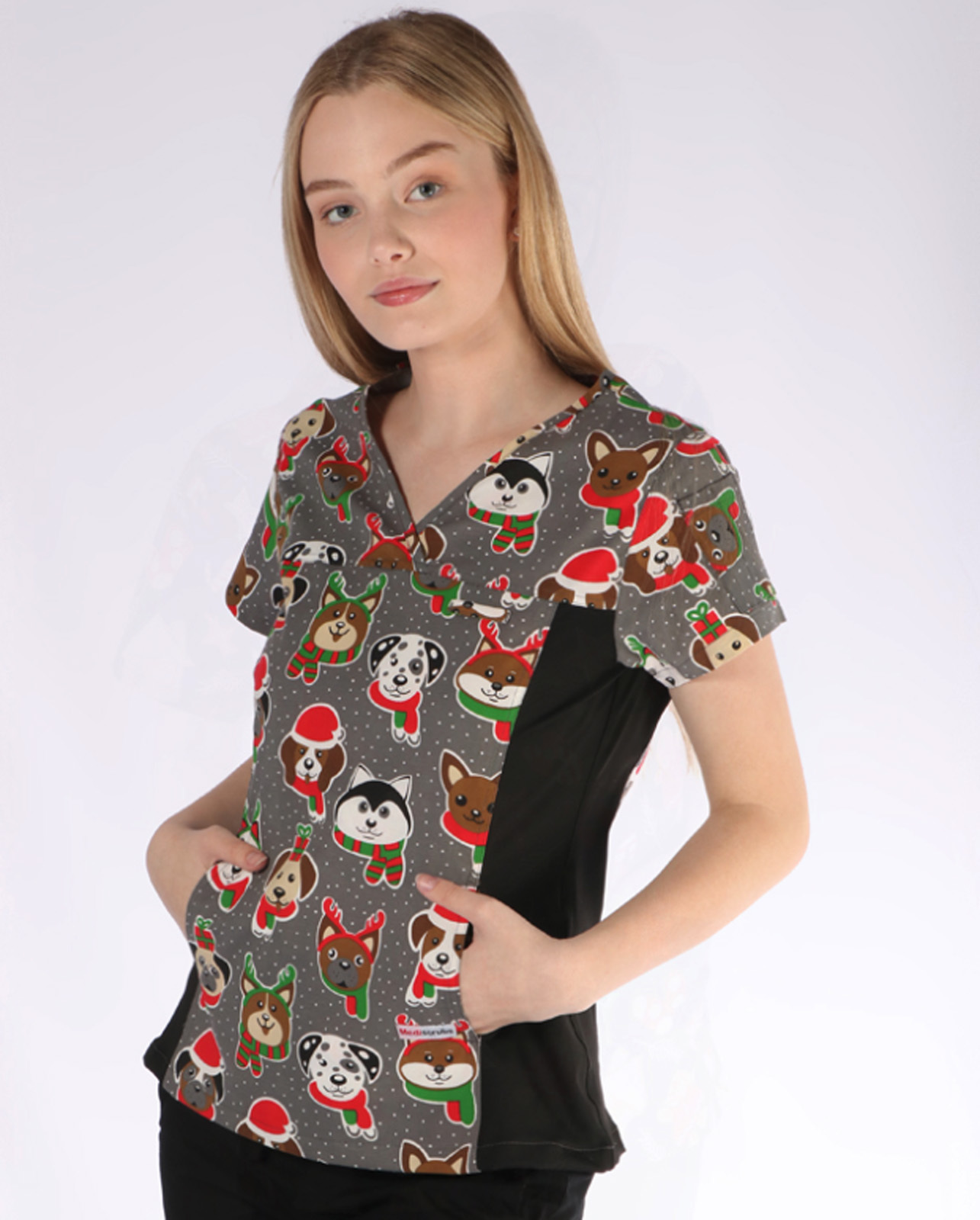 Women's Fit Solid Print Scrub Top With Spandex Panel - Doggy Wonderland