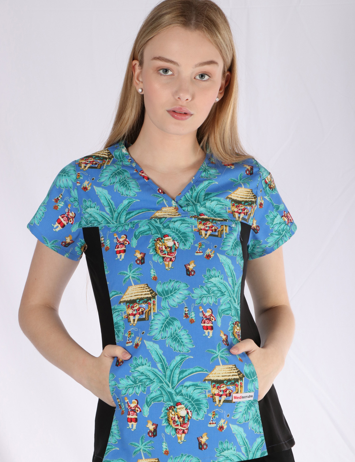 Women's Fit Solid Print Scrub Top With Spandex Panel - Santa's Tropical Vacation