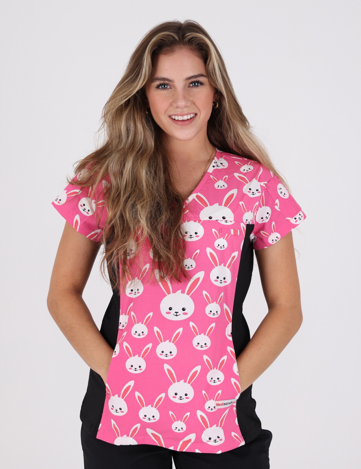 Women's Fit Solid Print Scrub Top With Spandex Panel - Easter Bunny