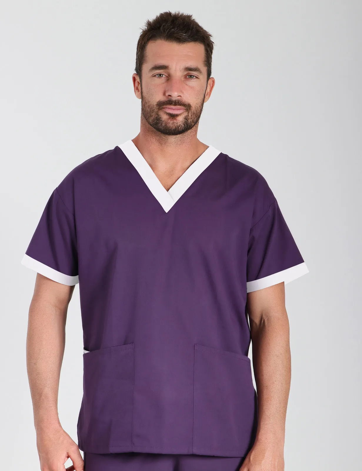 Contrast Trim Men's 4 Pocket Top in Aubergine w/ White Trim - Trainee Veterinary Nurse - JCU