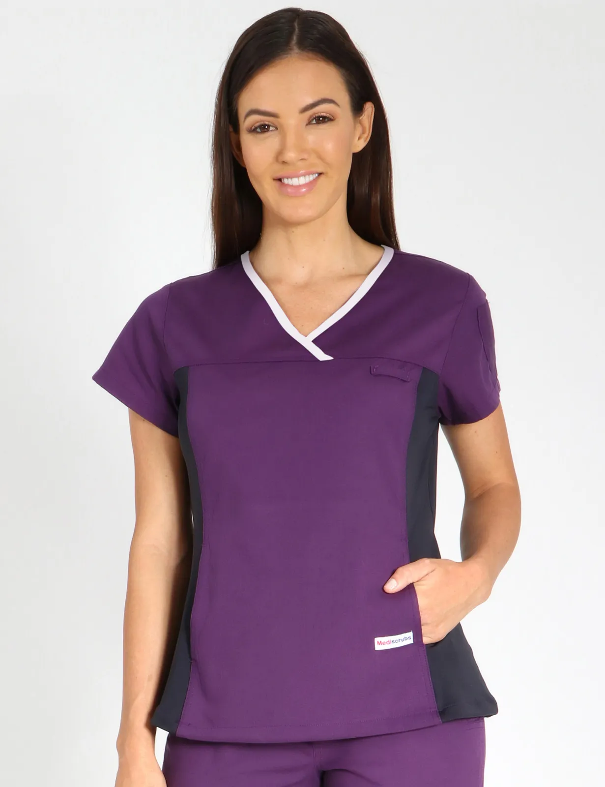 Contrast Trim Women's Fit Spandex Top in Aubergine w/ White Trim - Trainee Veterinary Nurse - JCU