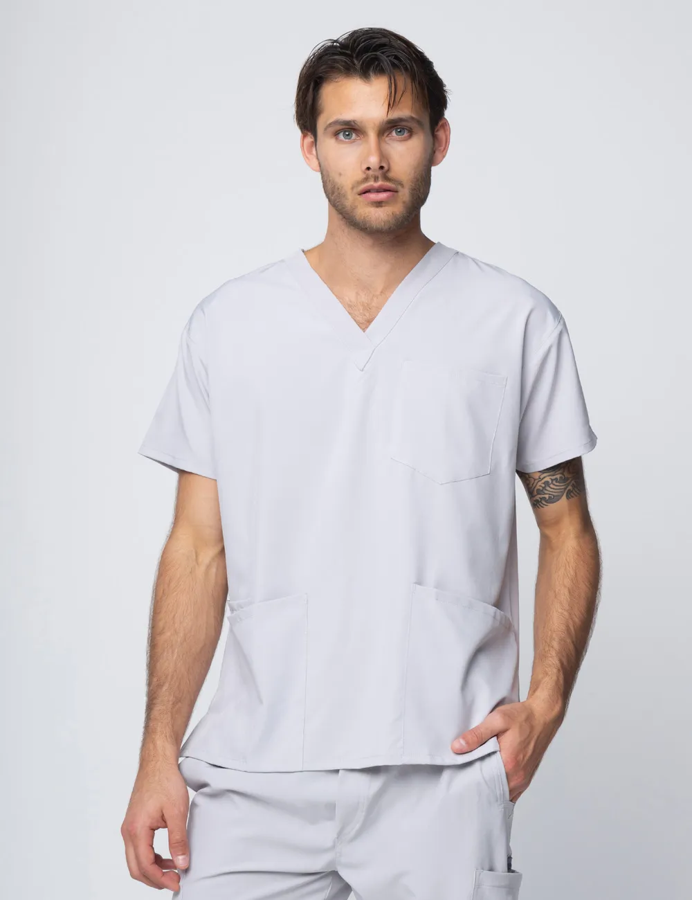 ANON MEN'S 4 POCKET V-NECK TOP  POLY/SPANDEX - SILVER - S